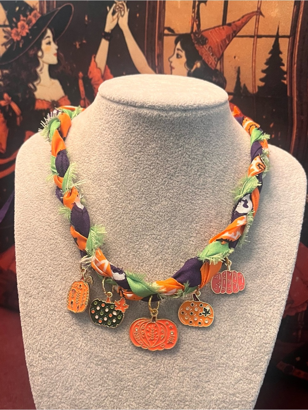 Festive Halloween Braided Bandana Pumpkin Charm Necklace, Orange, Green, Purple